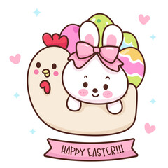 Cute bunny rabbit in hen basket with easter eggs