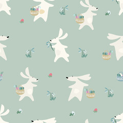 Seamless pattern on Easter theme with Easter bunny with a basket of eggs on pastel background