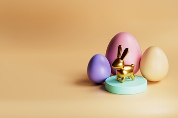 golden Easter eggs, a golden rabbit or bunny, and pastel-colored eggs, all set in tender colors. 3d rendering