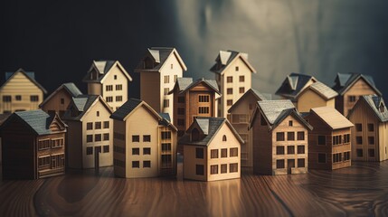 Naklejka premium many wooden toy houses village on wooden table, Generative Ai