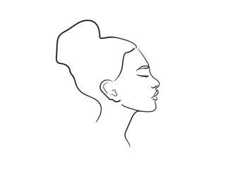 Black Line drawing of a woman's face on a white background. Lady face profile outline. Design for cosmetics