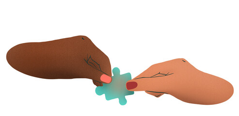 Recurso de dos manos de distintas razas con piezas de puzzle. Ilustraci&oacute;n multirracial con fondo transparente