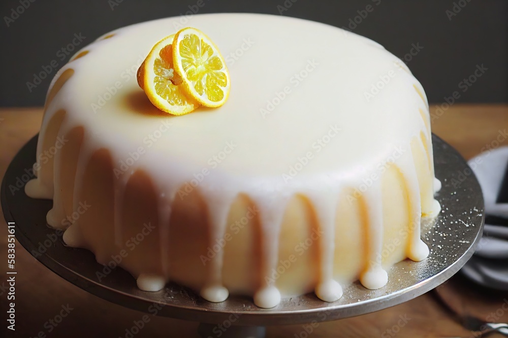 Wall mural delicate lemon cake in sugar chocolate glaze on tray on table, created with generative ai