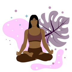 dark-skinned girl meditates, flowers, flat illustration