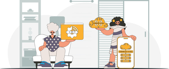 illustrationGuy and gal are partners in the IoT biz, vector style illustration of modern characters.