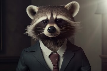 Portrait of a raccoon dressed in a formal business suit. Generative AI