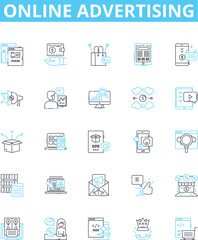 Online advertising vector line icons set. Online, Advertising, Digital, Ads, Marketing, Campaigns, Platforms illustration outline concept symbols and signs