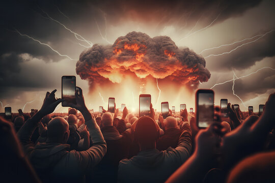 Crowd of people photographing mushroom cloud. Neural network AI generated art