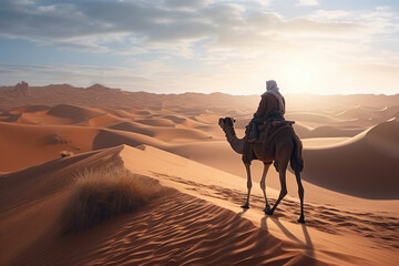 A man silhouette on camel going through the sand dunes in the Desert, sunset, AI generative - obrazy, fototapety, plakaty