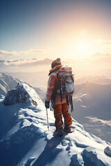The mountaineer conquered the mountain in winter,  Climber on top of a winter view of snow-capped mountain peaks sunshine, AI generative