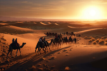 Fototapeta na wymiar Camel caravan with people tourist silhouette going through the sand dunes in the Desert, sunset, AI generative