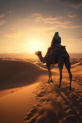 A man silhouette on camel going through the sand dunes in the Desert, sunset, AI generative - obrazy, fototapety, plakaty