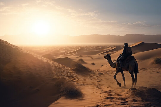 A man silhouette on camel going through the sand dunes in the Desert, sunset, AI generative