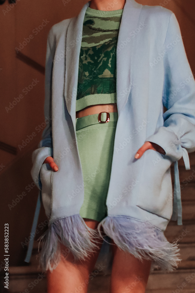 Wall mural Women's fashion details of green shorts, stylish sweater and knitted blue cardigan with feathers