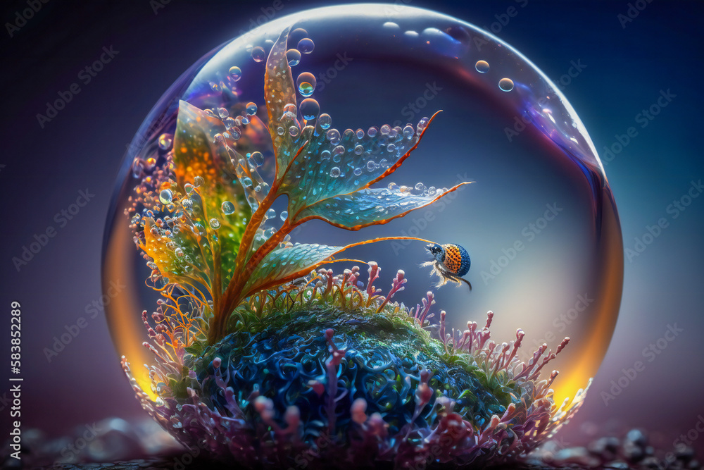 Poster extreme close up of a bubble containing small parts of a plant. created with generative ai technolog