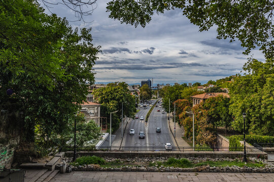 Aerial View Of Tsar Boris III Obedinitel Street In Plovdiv, Bulgaria