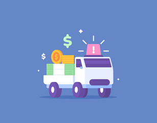 Fototapeta premium money or emergency fund. money that used to precarious circumstances. a pickup truck that carries a lot of money. vehicle or transportation. illustration concept design. vector elements
