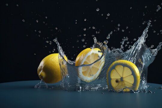 Whole lime and halves, close-up slices with water splashes. Generative ai
