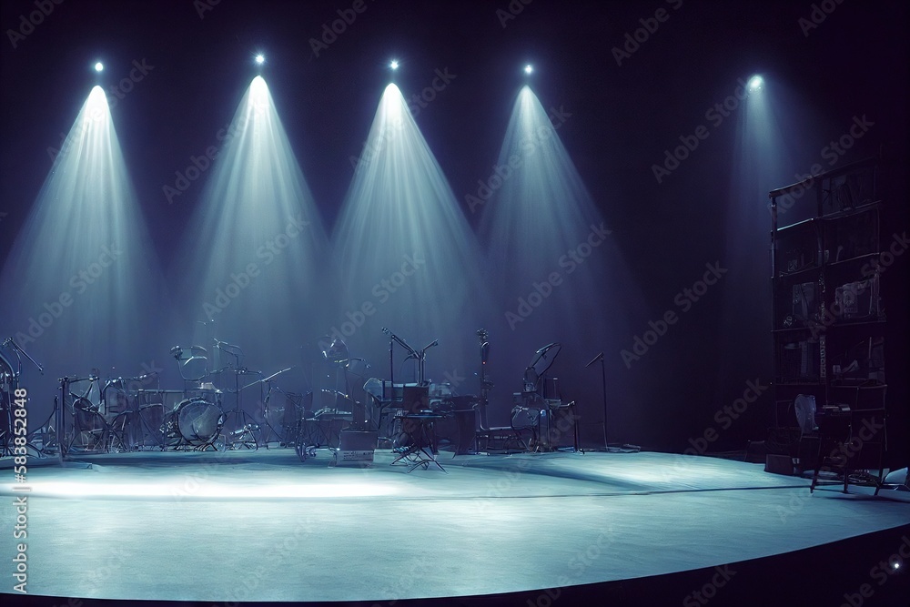 Wall mural dark stage with lights and instruments, created with generative ai