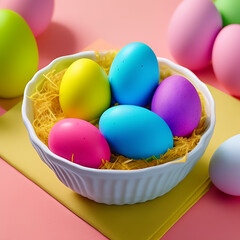 Colorful easter eggs in a bowl with straw, springtime, pink and yellow background, photorealistic, Generative AI