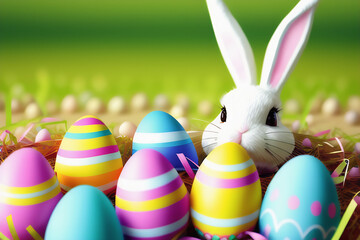 Fototapeta na wymiar Easter bunny hiding behind colorful eggs in the grass, CG style, Generative AI