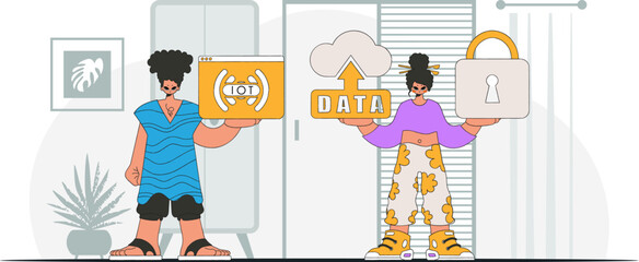 Guy and girl join forces in Internet of Things field, modern vector character look.