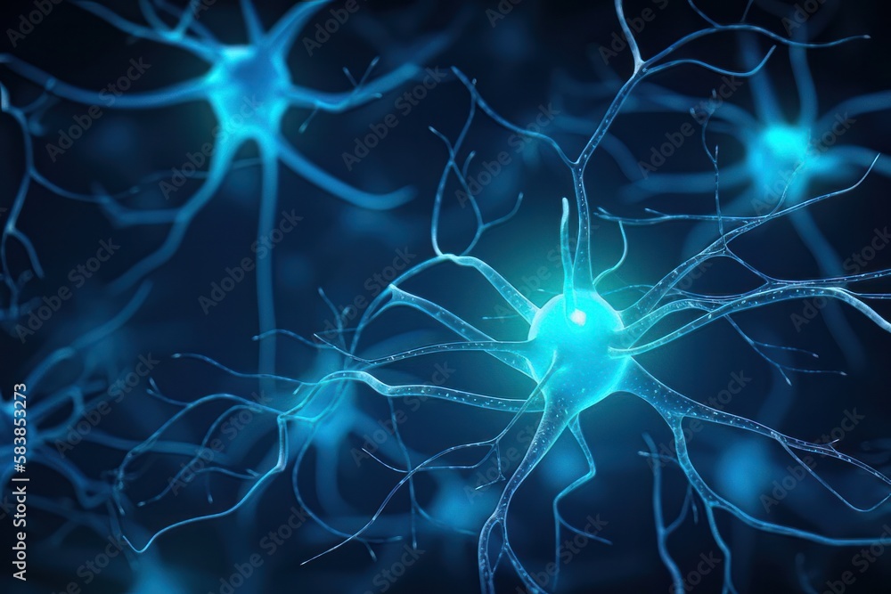 Poster brain system works neuron receives chemical and electrical signals background. generative ai