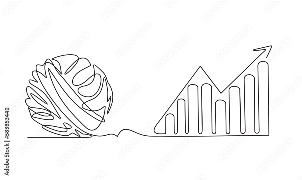 Poster single one line drawing of chaos and increasing up arrows bar graph, abstract minimalist concept vec