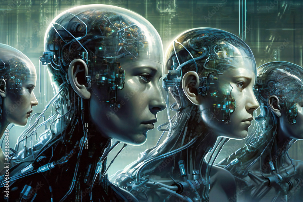Poster inter connected human beings or androids. concept of artificial intelligence or collective intellige