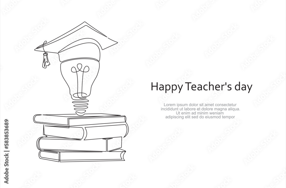 Poster happy teachers day. single one line drawing of light bulb on a stack of books. continuous line draw 