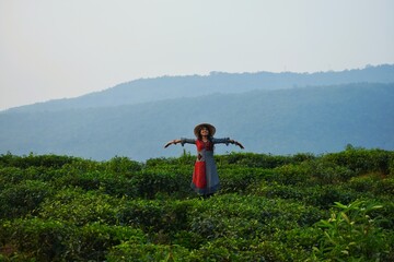 A lady enjoying fresh air in a tea garden of sylhet which is located infornt of meghalaya.