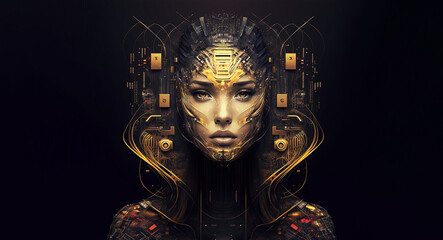 Technology background. Female face robot Advanced artificial intelligence, data flow concept. Generative AI