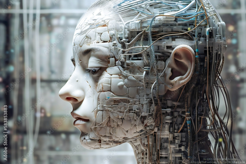 Poster illustration of a beautiful female android head. robotic and artificial intelligence concept. create