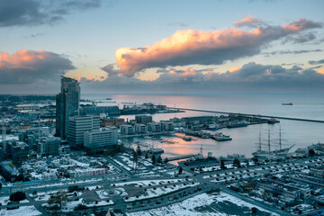 Amazing aerial cityscape of Gdynia by the Baltic Sea at sunset. Poland