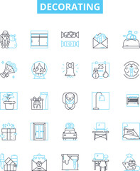 Decorating vector line icons set. Paint, Wallpaper, Furnishings, Curtains, Rugs, Carpets, Artwork illustration outline concept symbols and signs