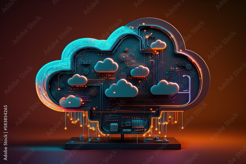 Aufkleber Glowing Cloud icon technology concept, exploded panel with cloud services and data protection. Generative ai