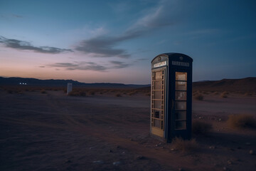 Telephone booth in desert standing alone. Generative AI illustration
