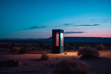 Telephone booth in desert standing alone. Generative AI illustration - obrazy, fototapety, plakaty