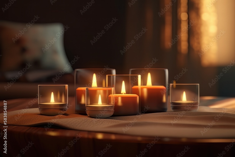 Poster many burning small candles on dark background, close-up. generative ai