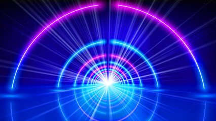 Neon arcade, led arch, tunnel, stage, vr. Abstract technology background, virtual reality. Glowing lines, circle. Blue pink purple corridor neon arch, perspective. Design element, illustration