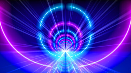 Neon tunnel, led arcade, stage, vr. Abstract technology background, virtual reality. Glowing lines, arch, circle. Blue pink purple corridor neon arch, perspective. Illustration, design element