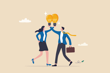 Exchange idea, creativity and innovation, brainstorming or sharing intelligence data, solution or communication, discussing or learn together, businessman and woman share lightbulb idea to colleagues.