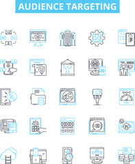 Audience targeting vector line icons set. Audience, targeting, segmentation, profiling, demographics, location, psychographics illustration outline concept symbols and signs