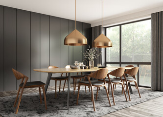 Interior of modern dining room, dining table and wooden chairs in room with black panelling wall. 3d rendering
