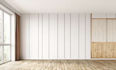 Empty room interior background, white paneling wall, wooden flooring and big window. 3d rendering