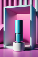 Nail varnish bottle mockup. Cosmetics container on podium platform, AI generative illustration.