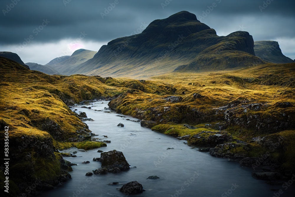 Poster Dark rocky mountain river flowing through desert valley, created with generative ai