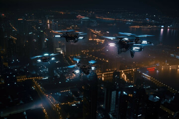 Obraz na płótnie Canvas A group of robot drones hovering above a futuristic cityscape at night - Generative AI