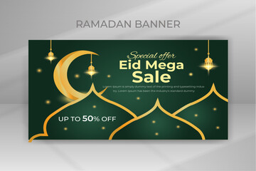 Stylish Eid Mubarak Mega Flash Sale Shopping Poster or Banner, Ramadan Eid Sale Web Banner Promotion Design Template for Business, Discount Post and Social Media Banner