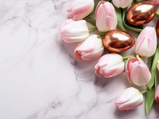 Golden Easter Eggs and Elegant Pink Tulip Flowers on a white marble background. Copyspace. Generative AI art
